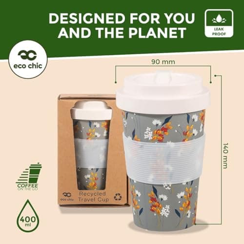 ECO CHIC Recycled Travel Coffee Cup 400ml Microwave Dishwasher Safe Plastic Travel Mug (Flowers Grey) — view 3