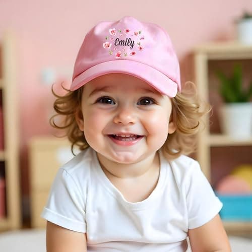 Purple Print House Personalised Girls Baseball Cap Floral Custom Name Holiday Hat Travel Summer Toddler Daughter Niece Gift, One Size, Light Blue — view 3