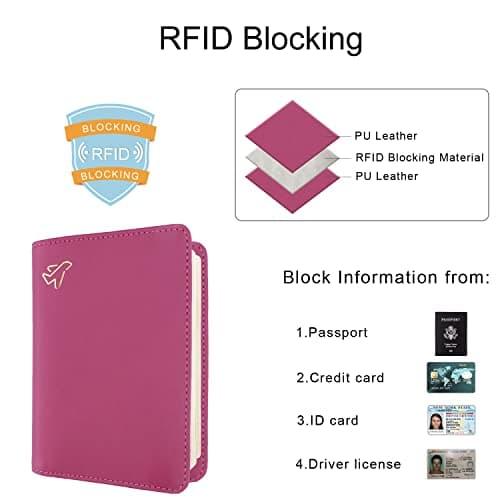 WALNEW Passport Holder, PU Leather Travel Passport Cover Wallet, RFID Passport Case with Card Holder, Travel Essentials for Women Men (Hotpink) — view 3