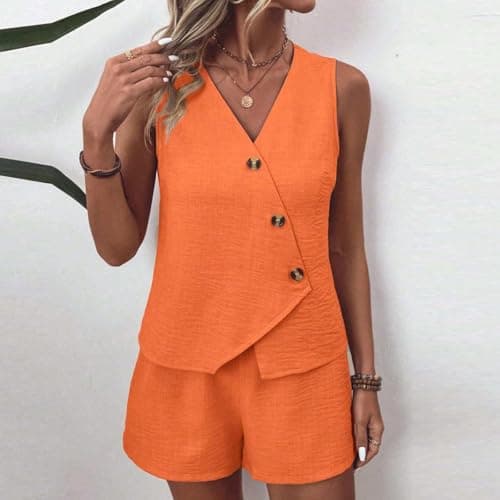 NSICBMNO Orange Lounge Sets For Women Shorts Co Ord Sets Summer 2 Piece Outfits Sleeveless Waistcoat V Neck Vest Tops Wide Leg Shorts Casual Tracksuits Travel Airport Outfits For Office Work Beach — view 2