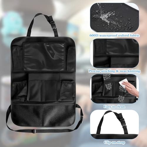 Plkjiu Waterproof Car Back Seat Organiser with Tablet Holder - 40x60cm Foldable Car Seat Protector for Kids Travel, Multi-Pocket Car Organiser Storage for SUV, Van & Sedan, Black — view 4
