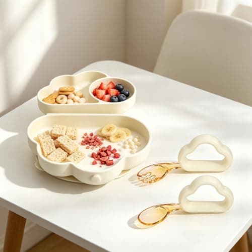 Bebamour Foldable Toddler Feeding Set with Silicone Plate, Fork & Spoon, BPA-Free Self Feeding Set for Toddlers 2-4 Years, Portable Travel Friendly Weaning Tableware, Dishwasher Safe (Beige) — view 3