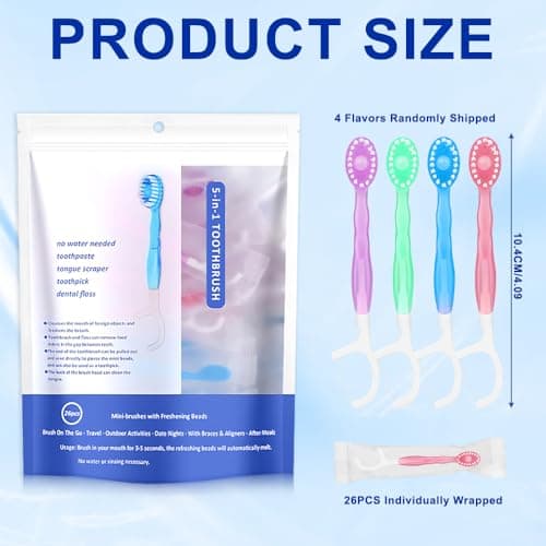 XPJBKC 26PCS Disposable Toothbrush with Toothpaste, 5 in 1 Travel Toothbrush Set with Paste Tongue Scraper Toothpick DentalFloss, Travel Toothbrush and Floss for Work, Trip, Traveling, Camping — view 2