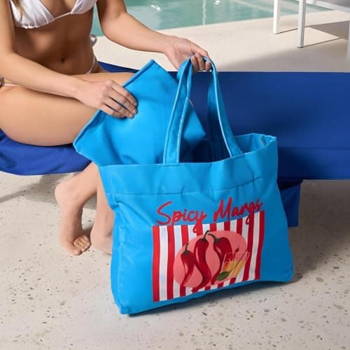 OHS Large Beach Bags for Women, Spicy Margs Slogan Beach Tote Bag with Matching Zip Pouch Waterproof Lining Reusable Grocery Bags for Women Travelling Shopping Pool, Blue — view 3