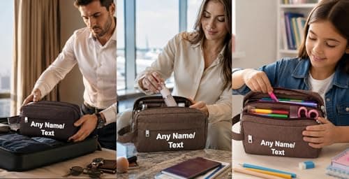 Personalized Travel Toiletry Bag for Men & Women | Water Resistant Nylon Makeup & Shaving Organizer | Multipurpose Cosmetic Pouch, Pencil Case & Travel Storage Bag. (Brown) — view 2