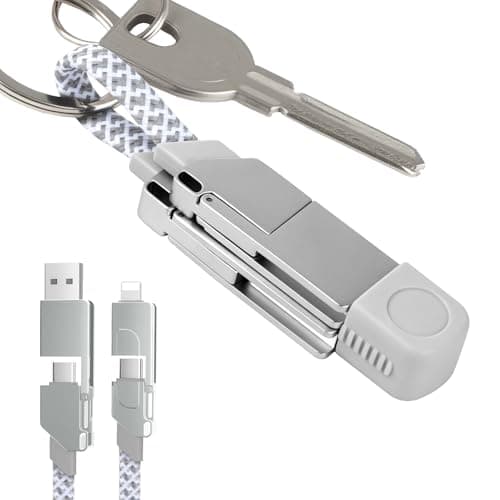 AHRLIC 4-in-1 USB Charging Cable Keychain – Zinc Alloy, Multi-Adapter Charger Cord for USB, Type-C, Micro USB, iOS Port Devices – 60W Fast Charging, Magnetic Stretchable Travel Cable (Light Gray)