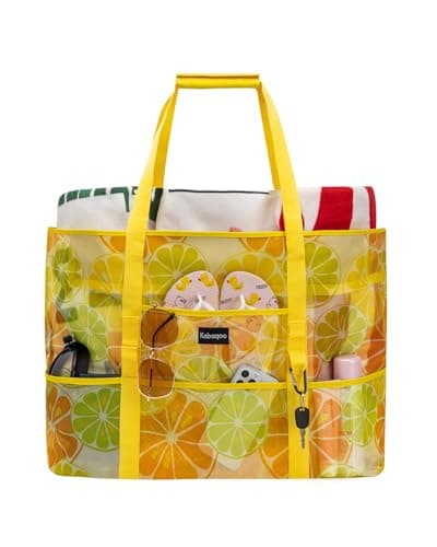 Large Beach Bag with Zip Mesh Beach Bags for Women Men Family, L Lemon