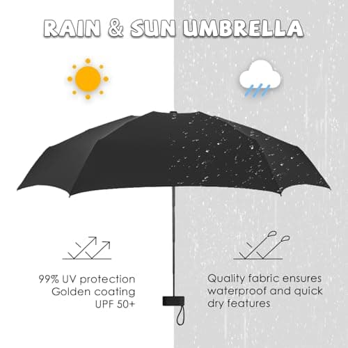 Mini Folding Umbrella, Portable UV Umbrella with Storage Box, 6 Ribs Mini Travel Sturdy Pocket Umbrella, Small Light-Weight Waterproof, Portable Compact Folding Umbrella for Women Men Girls, Black — view 2