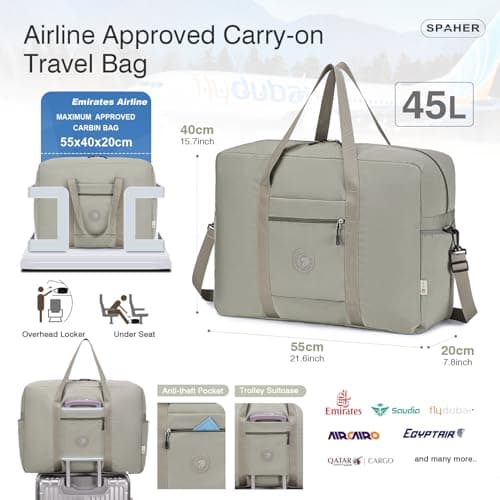 SPAHER Travel Duffle Bag Cabin Bag 55x40x20 Ryanair TUI Airways Lufthansa 45L Carry-on Hand Luggage Lightweight Foldable Packable Overnight Holdall Waterproof Travel Handbag Suitcase Bag — view 2
