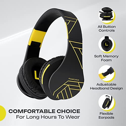PowerLocus Bluetooth Over-Ear Headphones, Wireless Stereo Foldable Headphones Wireless and Wired Headsets with Built-in Mic, Micro SD/TF, FM for iPhone/Samsung/iPad/PC (Black/Yellow) — view 2