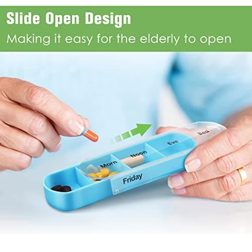 FINPAC Weekly Pill Box 4 Times A Day with PU Leather Case, 7 Day Tablet Organiser, Slide Open Travel Medicine Storage Box with Name Card, for Holding Supplements, Medication, Vitamins and Fish Oils, — view 3