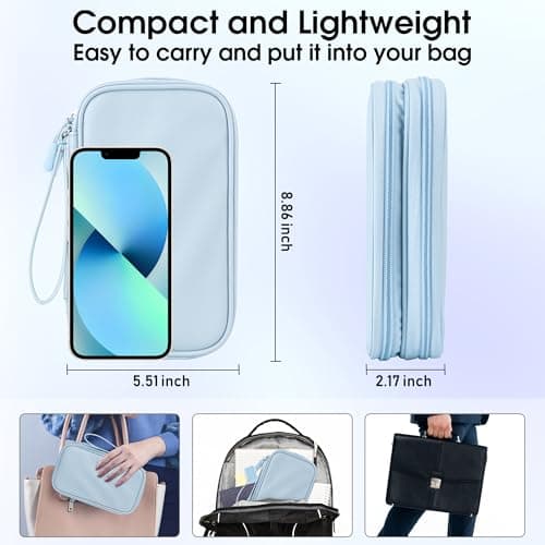 Arae PU Leather Cable Organizer Double Layer Travel Pouch, M Blue — view 3
