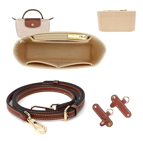 Strap and Organiser for Longchamp Mini Bag, Leather Brown Bag Straps For Crossbody Handbags and Felt Mini Bag Organizer Insert for Long Champ Mini