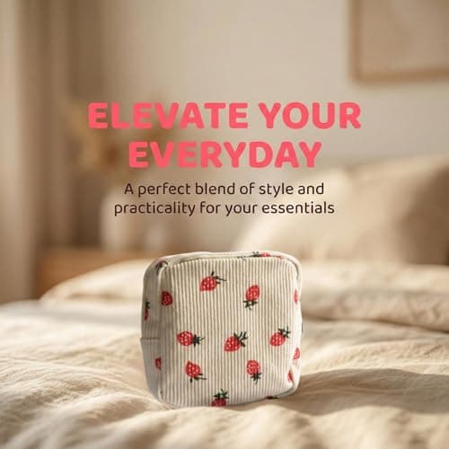 Small Makeup Bag for Purse, Cute Strawberry Beige Cosmetic Pouch, Mini Travel Toiletry Organizer with Zipper, Aesthetic Portable Storage for Women Girls Handbag Essentials — view 4