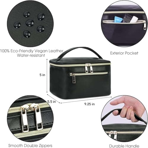 Travel Makeup Bag with Brush Compartment, Large Cosmetic Bags, PU Leather Makeup Case with Handle, Water-Resistant for Women, Black (Patent Pending) — view 5