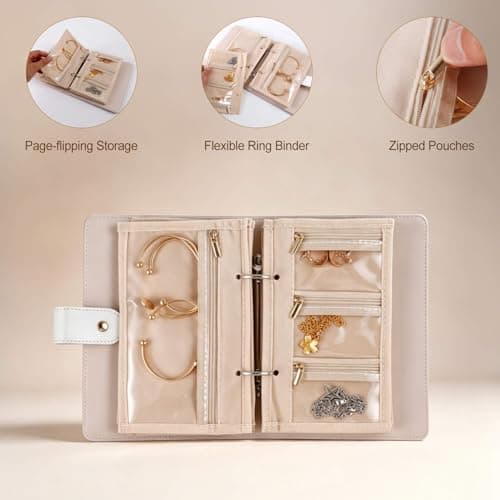 RingsTown Travel Jewelry Organizer, Pearlescent Faux Leather Travel, Compact flip‑Open design,Tangle-Free Storage,Tangle-Free & Anti-Tarnish Storage for Women on the Go(Pink), Pink — view 3