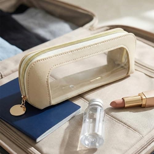 Elegant Beige Clear Makeup Bag with Transparent Window - Premium PU Leather Small Cosmetic Pouch for Travel, Office, and Daily Essentials Organisation, Rectangular Case with Gold Zipper and Rounded — view 4