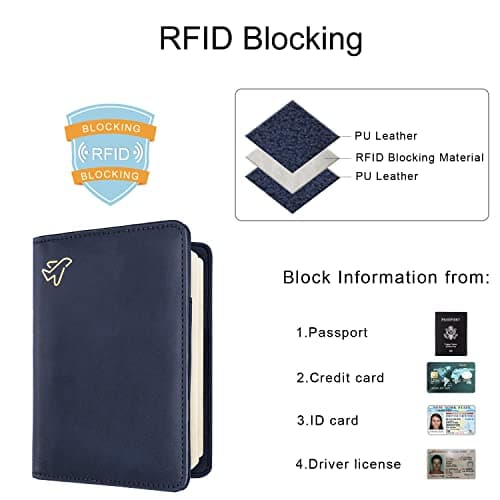 WALNEW Passport Holder, PU Leather Travel Passport Cover Wallet, RFID Passport Case with Card Holder, Travel Essentials for Women Men (Navy Blue) — view 3