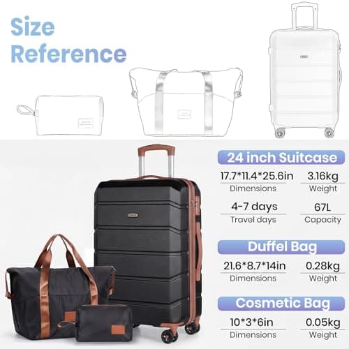 Tavoxda Suitcase Sets 3 Piece, Hard Shell Lightweight ABS Trolley Travel Luggage Set Spinner Wheels & TSA Lock with Travel Duffel Bag and Toiletry Bag, 24” Medium Set, Black — view 3