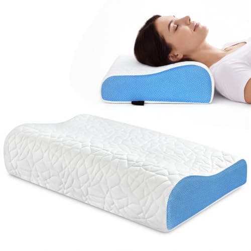 PKBD Memory Foam Pillow, Dual Height Ergonomic Pillow, White-Blue