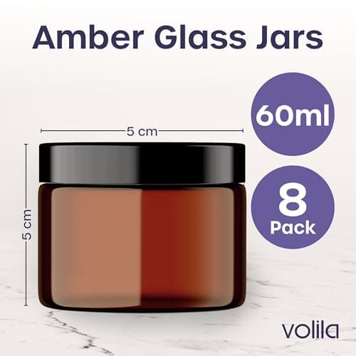 Amber Glass Jars - 8 Pack (60ml) with Lids - Brown Travel Cosmetic Containers with Spatula - UV Protection for Powder, Lotion and Cream — view 3