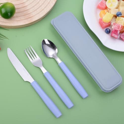 Camping Cutlery, Set of 3 Stainless Steel Travel Cutlery with Case, Cutlery Set to Go, Reusable Camping Cutlery for Outdoor, Travel, Work, School, Dishwasher Safe, Blue — view 4