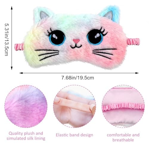 Wanmu 2pcs Sleep Mask Kids Colorful Fuffy Plush Eye Masks for Sleep Kids Soft Sleeping Eye Shade Cute Animal Night Blindfold Eye Cover for Women Men Girls Home Travel Nap Gift (Cat) — view 2