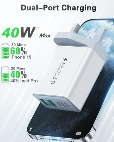 2-Pack 40W USB C Plug, Multi UK USB Plug Fast Charger Plug Multiple Charging Head 4-Port Dual Type C Power Adapter Multiport Wall Plug for iPhone 16 15 14 13 12 11 Pro Max Plus X XS XR 8,iPad,Samsung — view 2