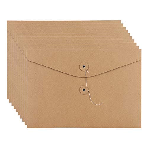 10pcs A4 Kraft Wallet Folders Envelope File Folders Documents Paper Portfolio File Bag Pockets Paperwork Organiser Storage Bag Pouch with String Fastener Closure for Office School Home