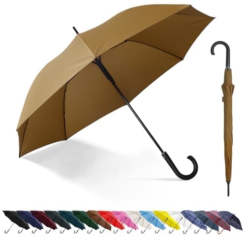RusuiQinsan Windproof Strong, Stick Umbrella, Large Rainproof Golf Umbrellas with wind resistant, J Hook Handle for Men & Women(Brown)