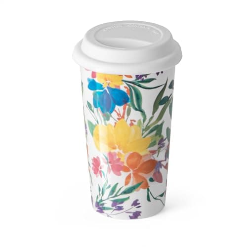 Floral Travel Coffee Mug 12 Ounce Flower Tumbler with Lid, Ceramic Travel Cup Tall Tea Cup Water Bottle with Beautiful Flower Prints Vintage Blooming Bouquet For Women Sister Friends Mom, Modern Gift