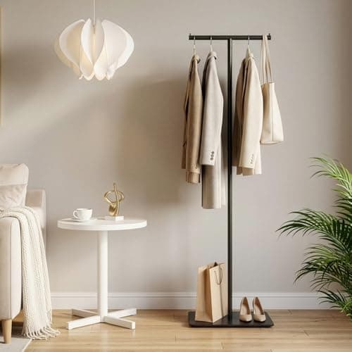 T Shaped Coat Rack Clothes Rail 170cm with Rock Slab Base Garment, Freestanding Coat Stand Heavy Duty Metal Modern Hanger Max Load 30kg for Hanging Coats, Jackets, and Bags, Bedroom Entryway Black — view 4
