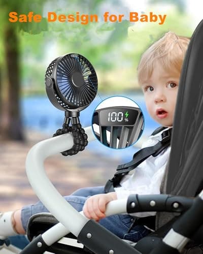 Edosetek Mini Portable Baby Stroller Fan, 4 Speeds Battery Operated Small Handheld Desk Fan 4000mAh Battery Operated Rechargeable 360°Flexible Tripod Cooling Fan for Car Seat Crib Treadmill Travel — view 3
