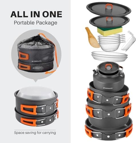 Odoland Camping Cookware Set Non-Stick Lightweight Camping Kettle Pots and Pans Mess Kit with Bowls Soup Spoon for Backpacking, Outdoor Cooking and Picnic for 4-6 People — view 6