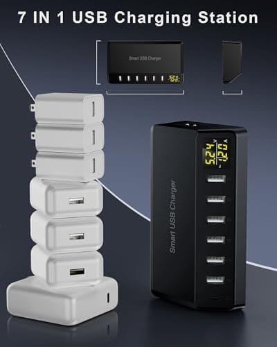 USB Charger 60W 7-Port USB Desktop Charger with LED Screen, Multi-Device Charging Station with Real-Time Power Monitoring for Phone,Fast Charging Hub for Home, Office, Travel — view 6