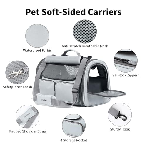 FUKUMARU Cat Carrier, Soft-Sided Small Dog Carrier, Large Cat Travel Bag with 4 Mesh Windows, Airline Approved Pet Carrier with 4 Storage Pockets, Rollable Cover for Nervous Pets, Grey — view 3
