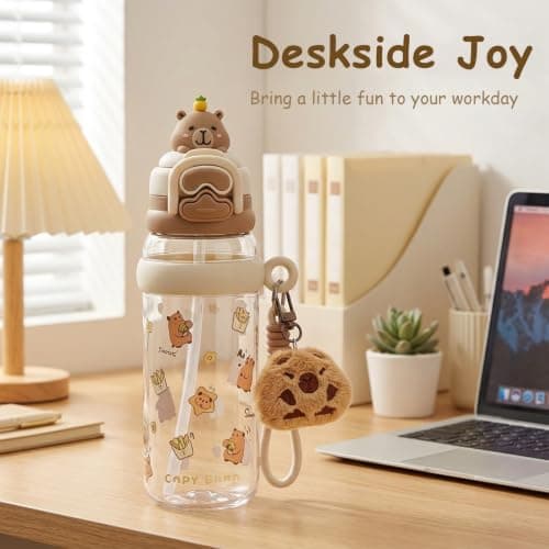 3 PCS SET Capybara Water Bottle, with Cup, Sticker and Pendant, 600 ml, White Plastic Construction, School Hydration Bottle, Outdoor Sports Companion, Capybara Enthusiast Gift, Travel Drinking Cup — view 6