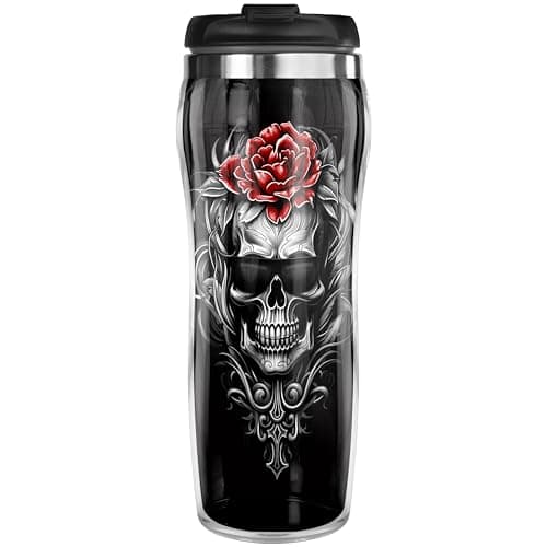 Pixly® Skull & Rose Thermal Travel Mug Coffee Tea Flask, 400ml/14oz Capacity, Funny Joke Fun Gift for Him Her
