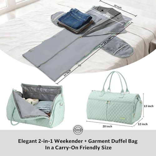 STOVER Women’s Convertible Garment Duffel Bag for Travel, 2-in-1 Carry-On Weekender Overnight Tote - Wrinkle-Free Dresses, Hanging Suits, Clothes + Shoe Compartment & Bonus Toiletry Bag, Coastal Mint — view 2