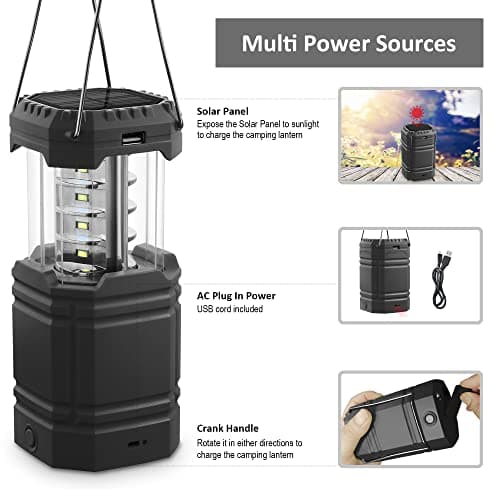 ROCAM Rechargeable Camping Lights, LED Solar Camping Wind up Lantern, Hand Crank Emergency Light with 3000mAh Battery for Camping, Hiking, Fishing, SOS, Outdoor, Power Cuts-Black — view 4