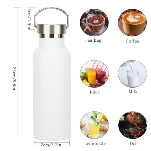 Water Bottle Stainless Steel Insulated 500ml with Leakproof Lid and Handle, Double Wall Vacuum Travel Bottle for School, Hiking, Travel - Reusable Metal Standard Mouth Flask for Everyday Use (White) — view 2
