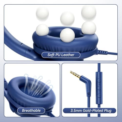 Wired Headphones with Mic, Over-Ear 3.5mm Corded Headphone for School Blue — view 4