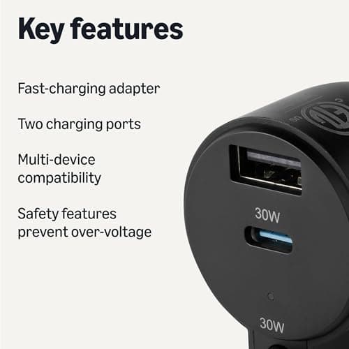 Amazon Basics Fast-Charging Car Charger for Phone and Tablet, 1 USB-C+1 USB-A +1 Built-in 1.5m Coiled Cable USB-C, 60w, Black — view 2