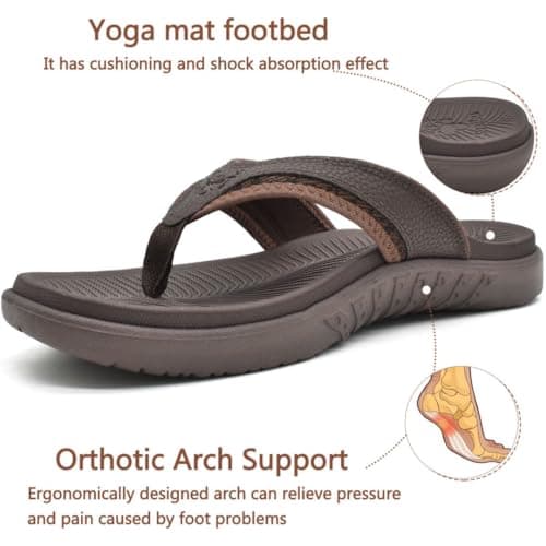 KuaiLu Mens Leather Flip Flops Orthotic Thong Sandals With Arch Support — view 4