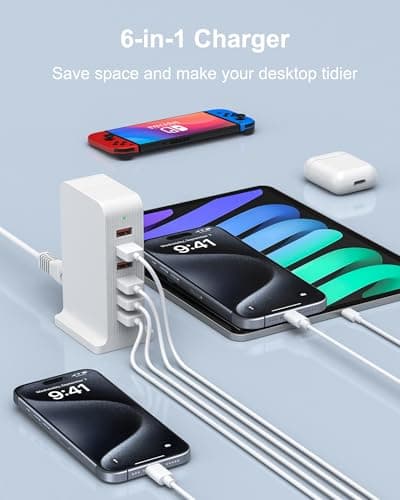 LEENFAER USB Charger 6 Port 50W Multi USB Tower Charging Station for iPhone 15/15 Pro/15 Pro Max/iPhone 14/14 Pro/14 Pro Max/13 Pro/13 Pro Max/Android/Samsung/iPad,etc (white) — view 3