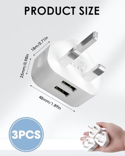 Pack of 3 Dual Port USB Plug UK Charger Compact Dual Port Mains Adapter 5V/2.1A Multi USB Fast Wall Charging with Smart IC Technology for iPhone 15 14 13 12 11 XS XR X 8 7 6, iPad, Samsung, Huawei etc — view 2