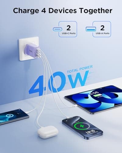 USB C Plug Fast Charge, 40W 4-Port Multi USB Plug UK Dual Port USB C Power Adapter + QC Wall Mains Charger Head, Type C Charging Plug for iPhone 17 16 16e 15 14 13 12 11 Pro Max, iPad, Samsung — view 3