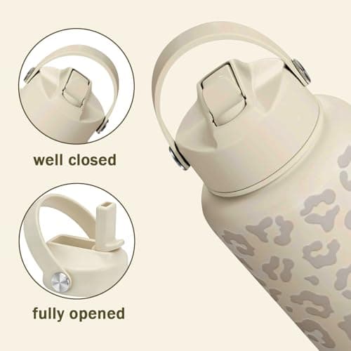 Bryxora Insulated Water Bottle with Straw Lid (800ml) - 24 Hours Cold - Iced for 48 Hours - Leakproof - BPA Free - Easy to Carry - Vacuum Insulated Double Walled Stainless Steel Flask (Cream Leopard) — view 3