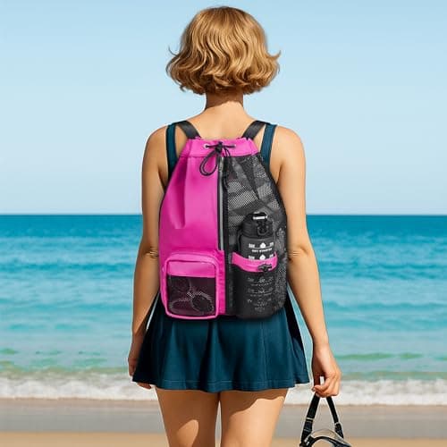 CHEPULA Swim Bag Mesh Drawstring Backpack with Wet Pocket, Waterproof Gym Bags for Beach Swimming Pool Gym Workout Men Women (Rose red) — view 2