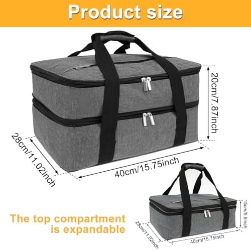 Foppla Insulated Double Casserole Carrier Expandable Thermal Tote Bag Lightweight Thermal Tote with Handles Leakproof Snack Tote Bag Wide Opening Thermal Food Carrier for Work Travels Outdoor(Grey) — view 3